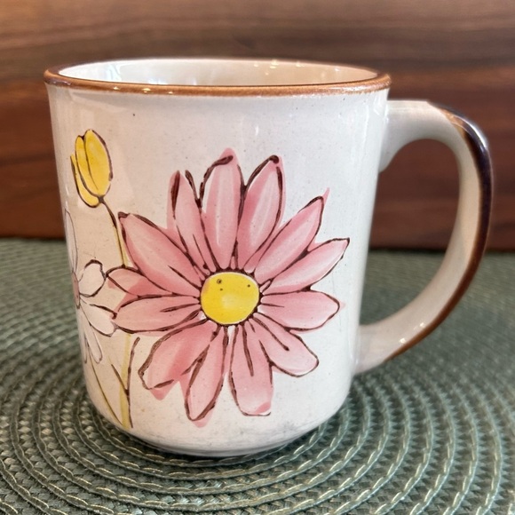 Vintage Daisy & Tulip Flower Mug Norleans Stoneware Coffee Tea Cup Made In Korea - Picture 1 of 9
